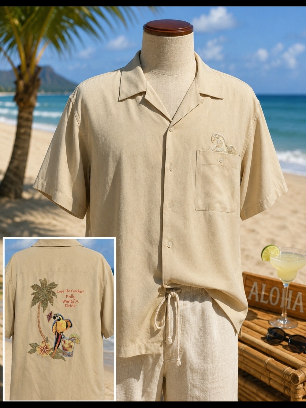 Vintage LUAU Silk Hawaiian Shirt Beige Parrot Camp Shirt Size L